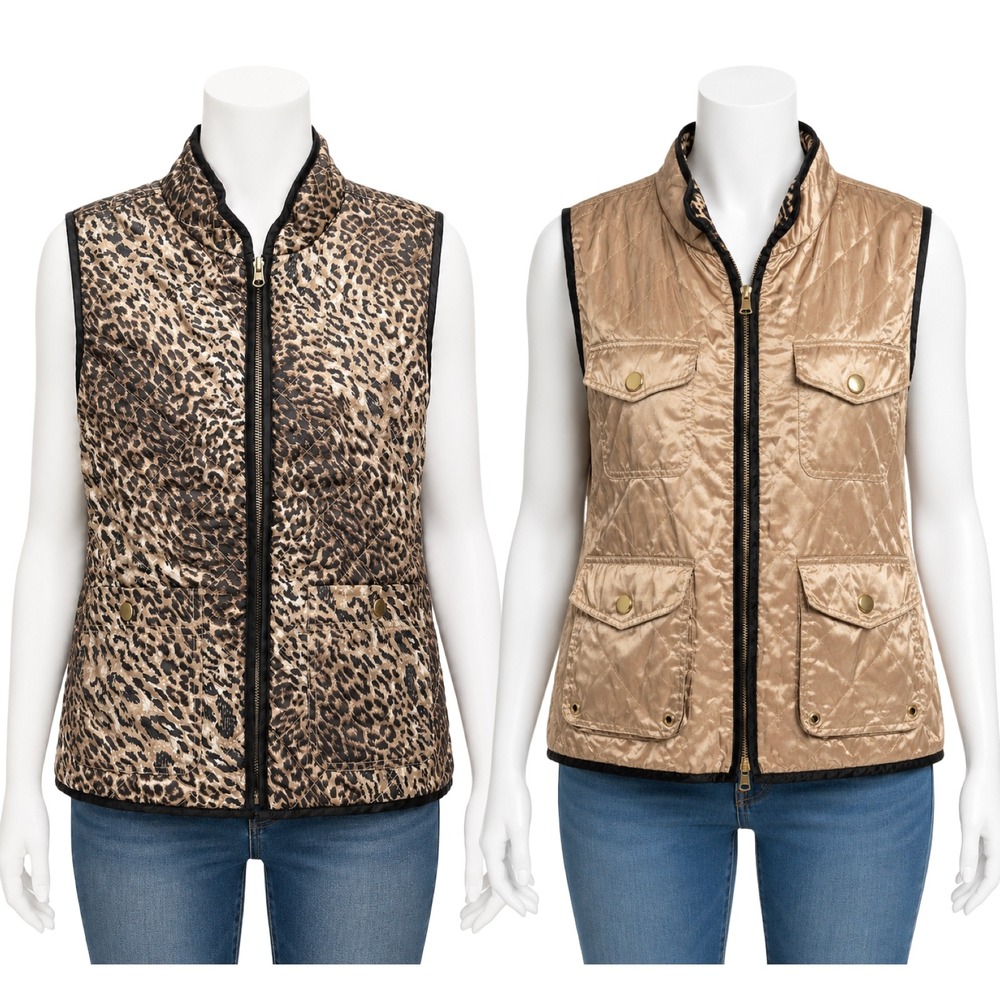 Chicos Reversible Leopard Quilted Vest Mob Wife Safari Chic Womens Size S 0 Zip